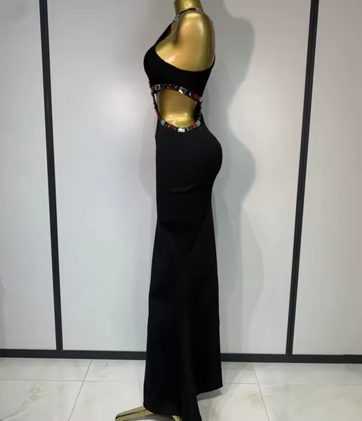 Women Sleeveless Black Color Crystal Sexy Cut Out Maxi Dress