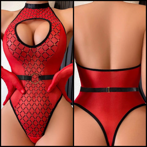 Women Sexy Red/Black Sleeveless Glove Bodysuit Lingerie Set