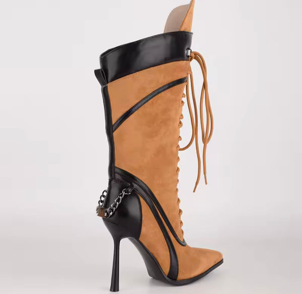 Women Suede Pointed Toe Tie Up Chain High Heel Boots