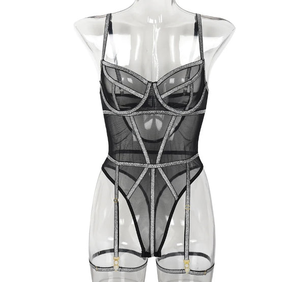 Women Sleeveless Sexy Mesh Bling Bodysuit Lingerie