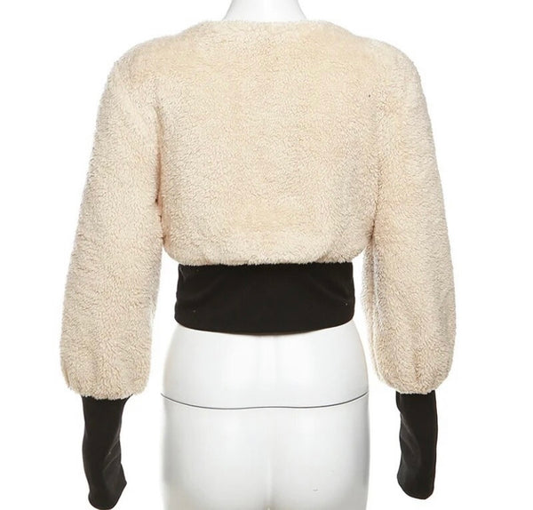 Women Fashion Faux Fur Full Sleeve Zip Up Crop Top