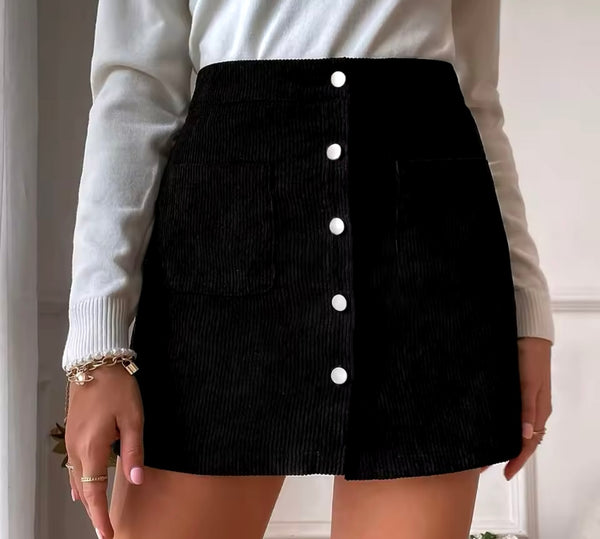 Women Color Button Up Corduroy Fashion Skirt