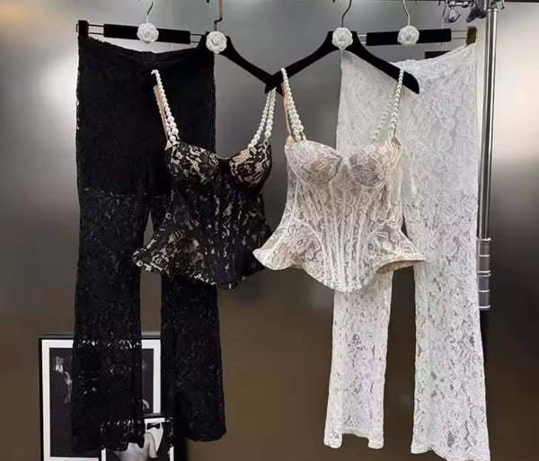 Women Sleeveless Lace Fashion Two Piece Pant Set