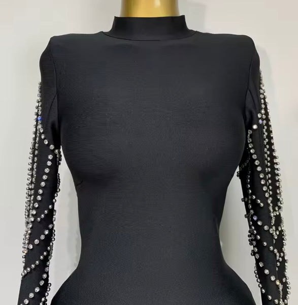 Women Sexy Black Rhinestone Full Sleeve Dress