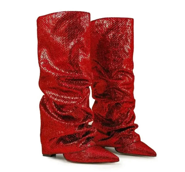 Women Color Ruched Sequins Fashion Knee High Boots