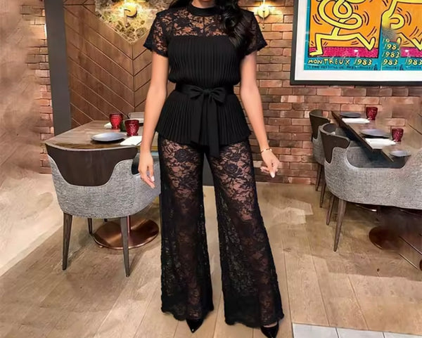 Women Pleated Lace Belted Short Sleeve Two Piece Pant Set