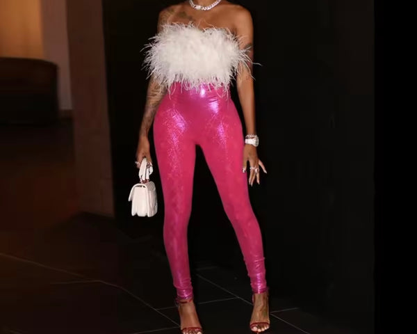 Women Sexy Fur Strapless PU Jumpsuit