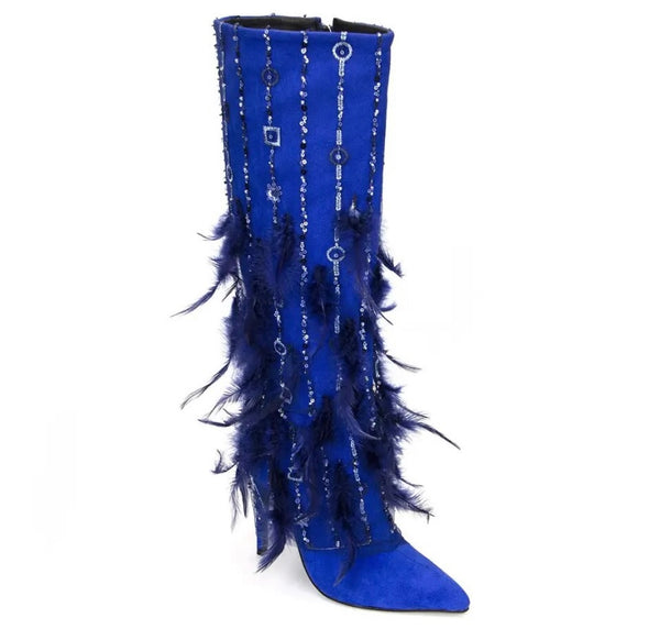 Women Fashion Feather Sequins Suede Knee High Boots