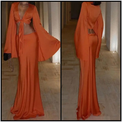 Women Sexy Orange Full Sleeve Crop Two Piece Maxi Skirt Set