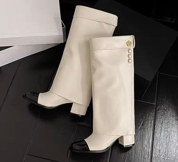 Women Fashion Faux Leather Gold Button Knee High Boots