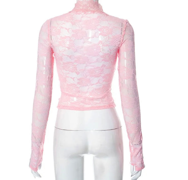 Women Pink Lace Sexy Fashion Full Sleeve Crop Top