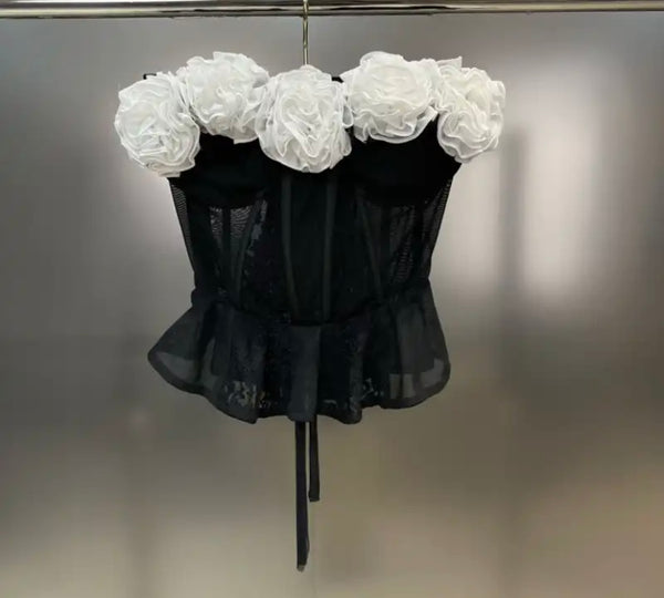 Women Sexy Strapless B&W Rose Mesh Corset Top