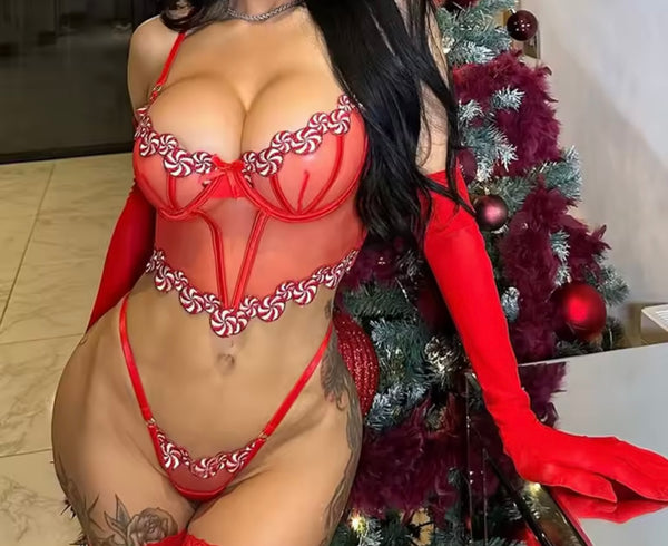 Women Sexy Red Mesh Glove Lingerie Set