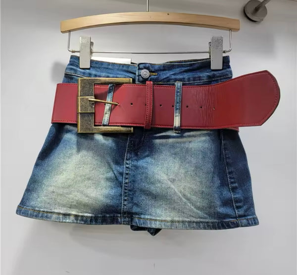 Women Fashion Color Belted Denim Skirt