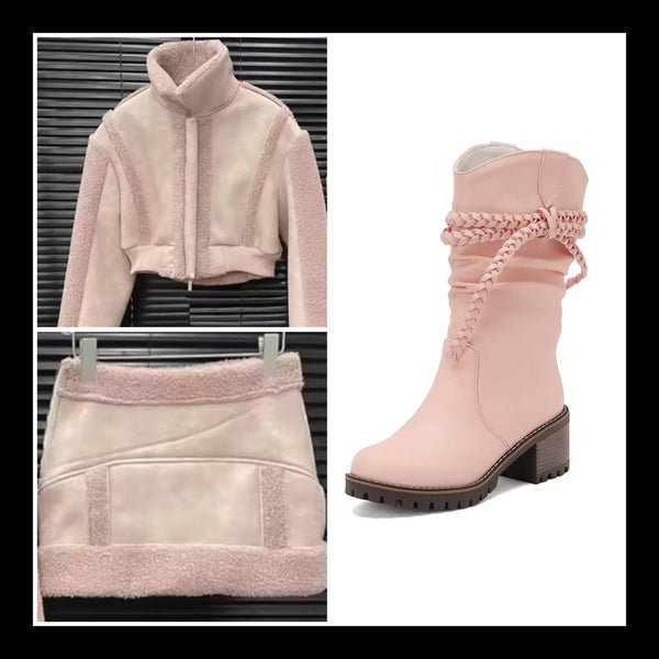 Women Fashion Fur Patchwork Jacket Two Piece Skirt Set