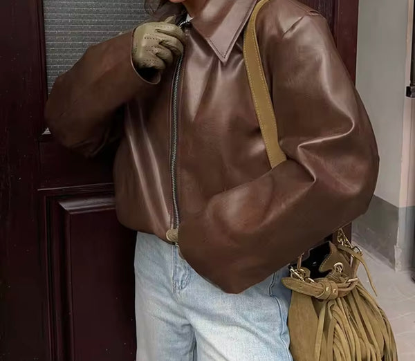 Women Color Zip Up Fashion Faux Leather Jacket