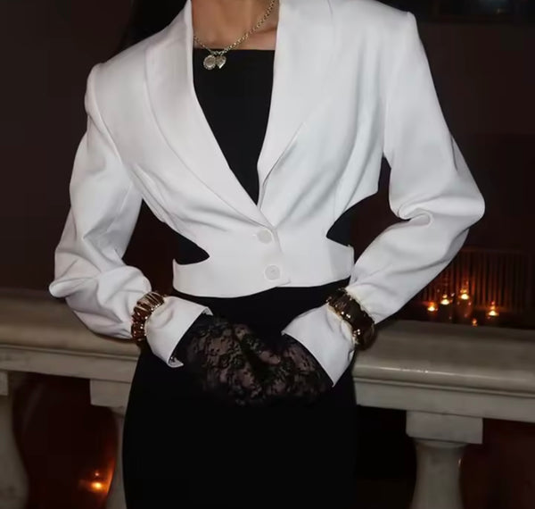 Women White Button Up Full Sleeve Cut Out Crop Blazer Top
