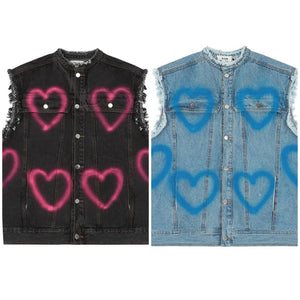 Women Fashion Color Heart Button Up Denim Vest Top