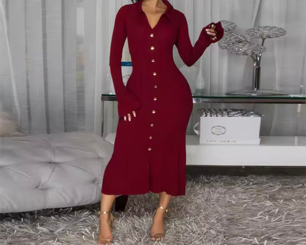 Women Sexy Button Up Full Sleeve Maxi Dress