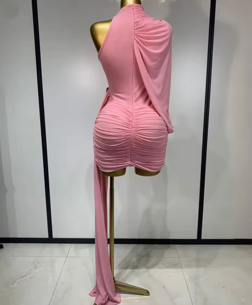 Women Sexy Pink Sleeveless Draped Dress