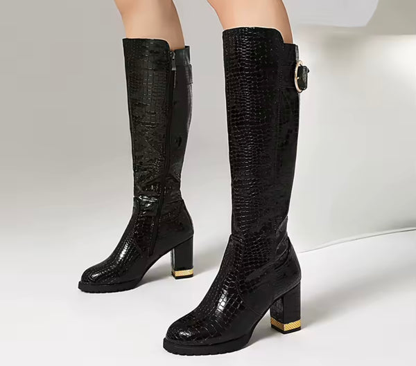 Women Buckled Faux Leather Fashion Knee High Boots