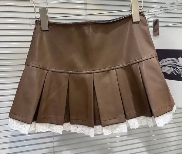 Women Sexy Fashion Faux Leather Lace Patchwork Pleated Skirt