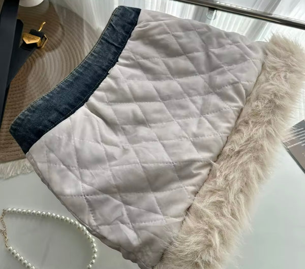 Women Fashion Fur Patchwork Denim Jacket Two Piece Skirt Set
