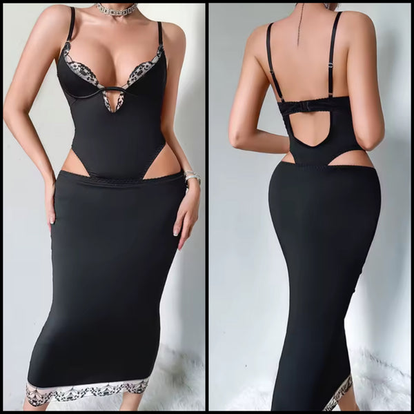 Women Sexy Black Lace Patchwork Bodysuit Lingerie Set