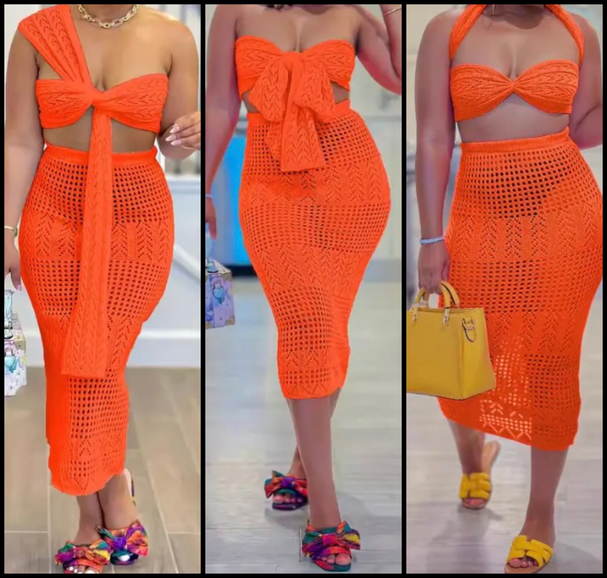 Women Orange Knitted Strapless Sexy Two Piece Skirt Set