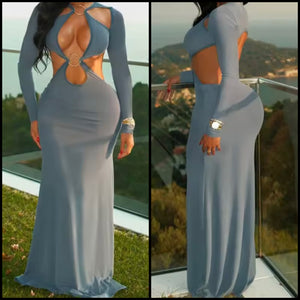 Women Sexy Gray Cut Out Full Sleeve Open Back Maxi Dress