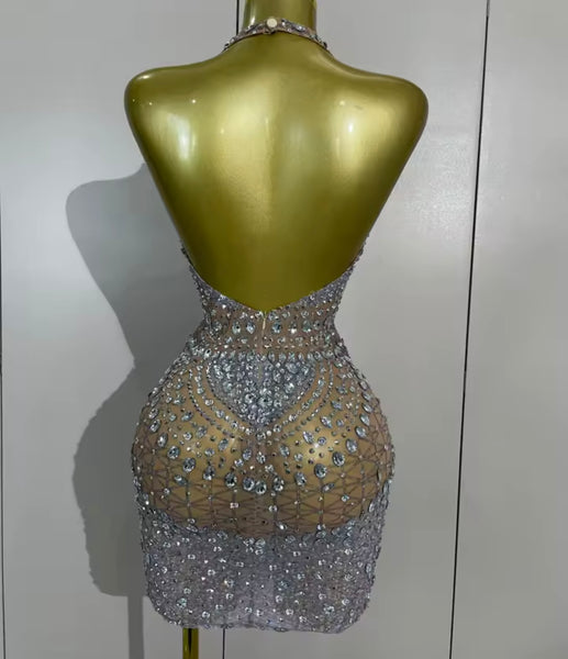 Women Silver Halter Sleeveless Open Back Rhinestone Sexy Dress