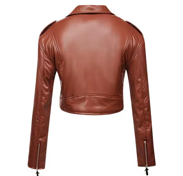 Women Color Zipper Fashion Faux Leather Crop Jacket