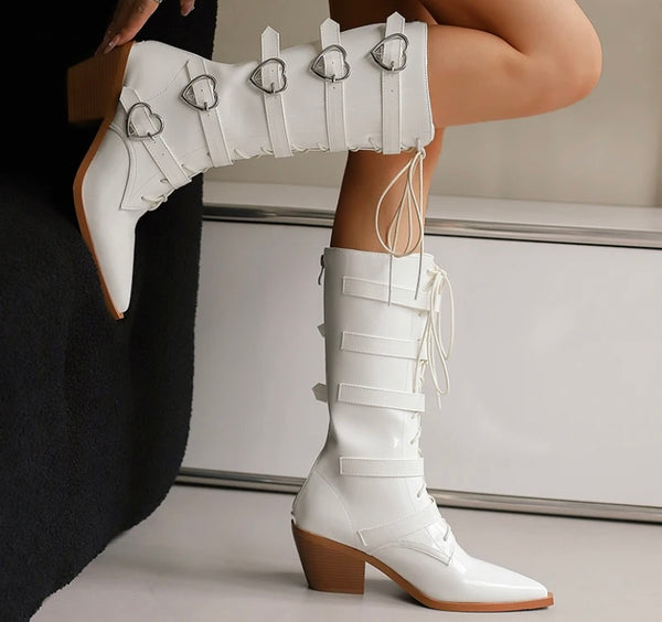 Women Pointed Toe Heart Buckled Lace Up Fashion Boots