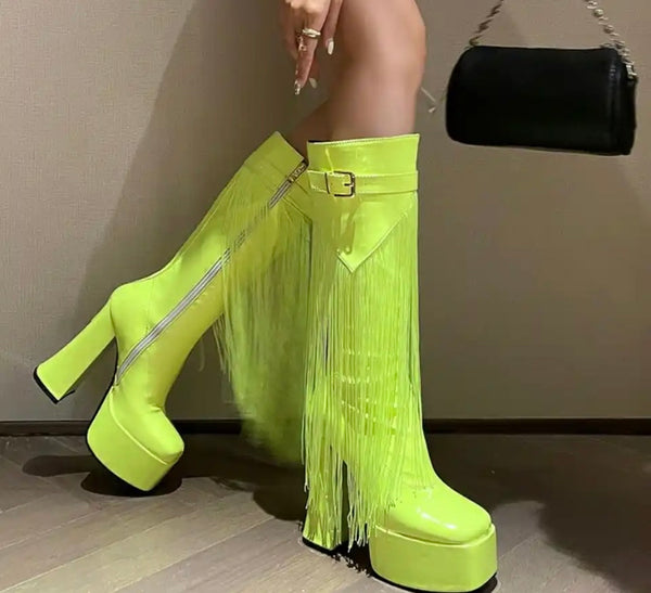 Women Platform Fringe Tassel Fashion Patent Leather Boots