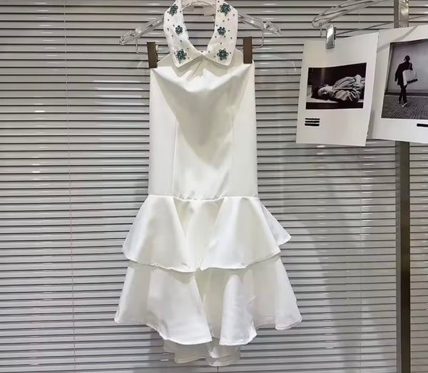 Women Sexy Bling Halter Sleeveless White Ruffled Dress