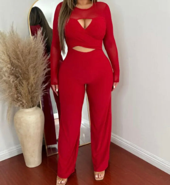 Women Sexy Red Cut Out Full Sleeve Jumpsuit