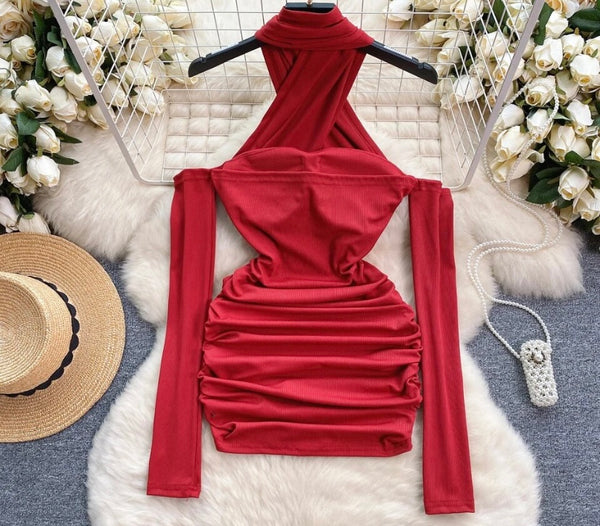 Women Sexy Red Ribbed Halter Full Sleeve Dress