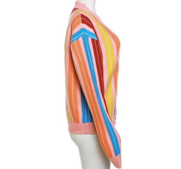 Women Fashion Colorful Striped Button Up Cardigan Top