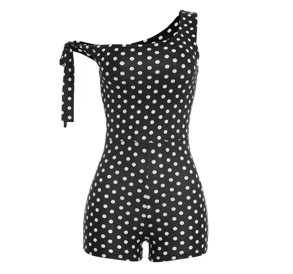 Women Sexy One Shoulder Sleeveless Polka Dot Romper