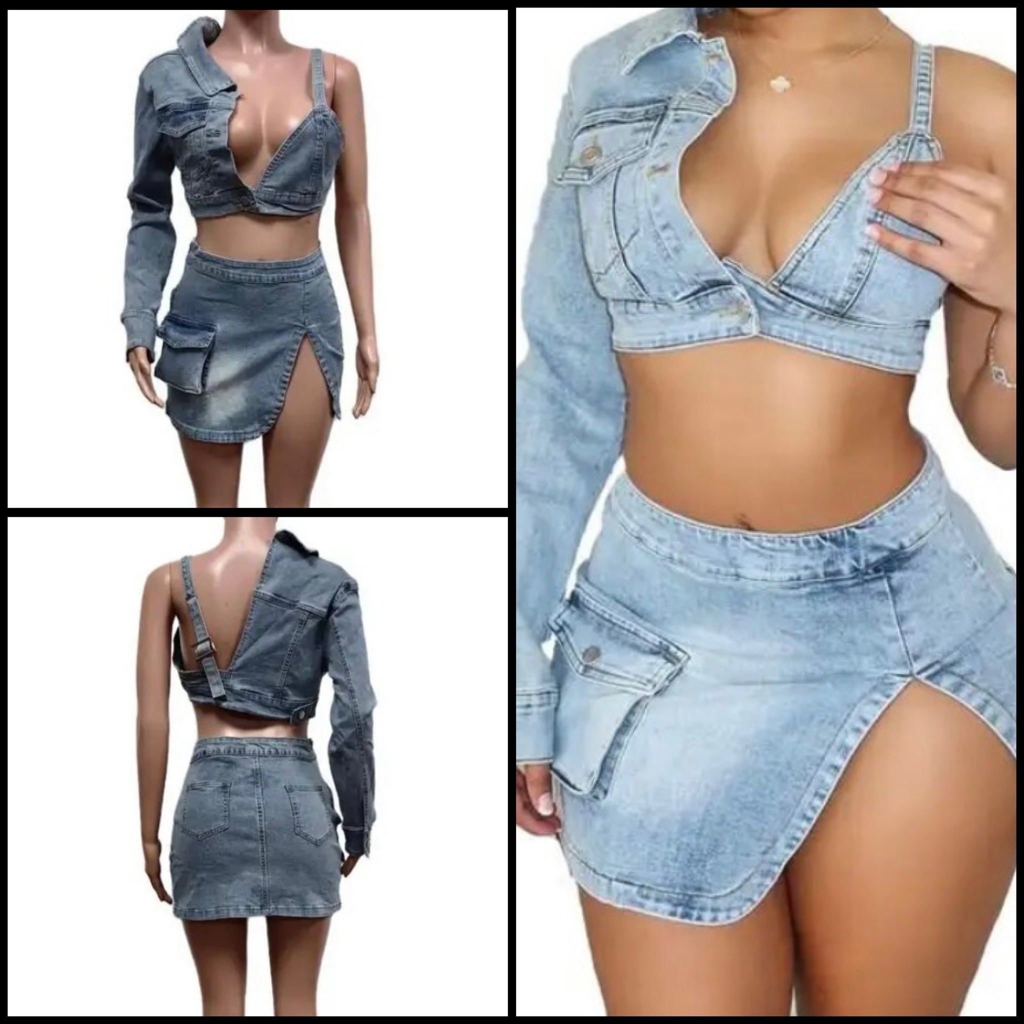 Women Sexy Fashion One Shoulder Crop Jacket Two Piece Denim Skirt Set