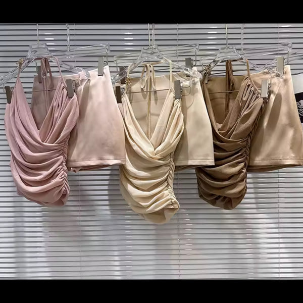 Women Sexy Ruched Halter Sleeveless Satin Two Piece Skirt Set