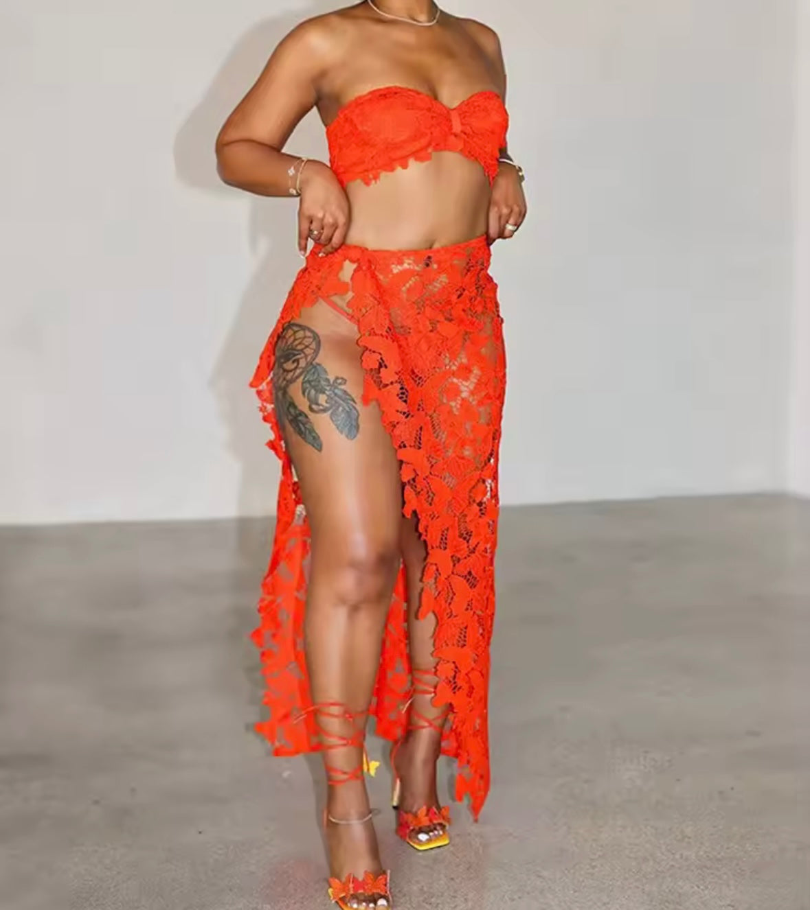 Women Color Sexy Strapless Bikini  Lace Cover Up Set