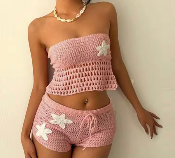 Women Sexy Strapless Tie Up Open Back Knitted Two Piece Short Set