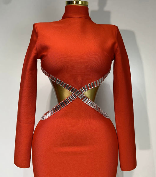 Women Sexy Red Crystal Turtleneck Open Back Maxi Dress