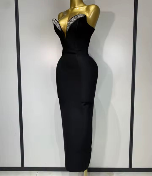 Women Black Strapless V-Neck Bling Bandage Sexy Maxi Dress