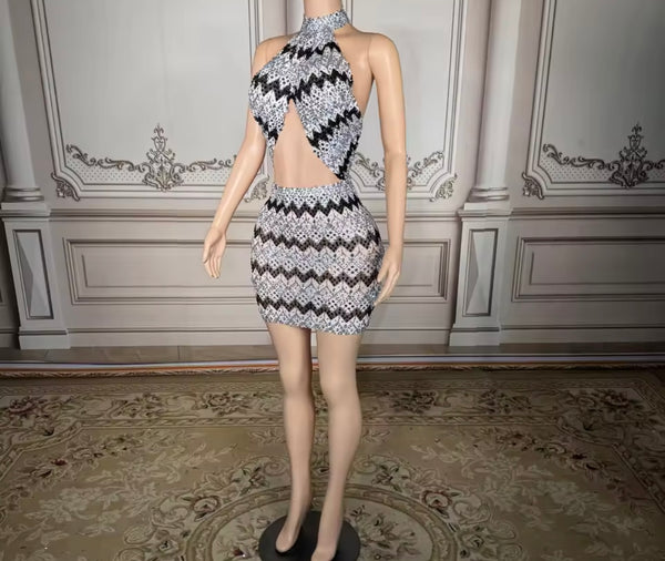 Women Sexy Halter Sleeveless Printed Rhinestone Dress