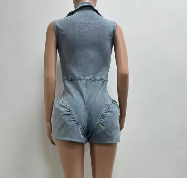 Women Sexy Fashion Zip Up Sleeveless Denim Romper