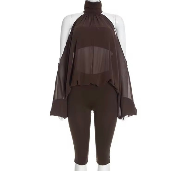 Women Open Shoulder Mesh Full Sleeve Three Piece Capri Pant Set