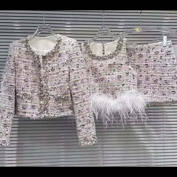 Women Beaded Rhinestone Fur Blazer Three Piece Skirt Set
