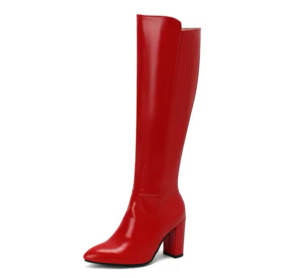 Women Color Faux Leather Fashion Knee High Zip Up Boots